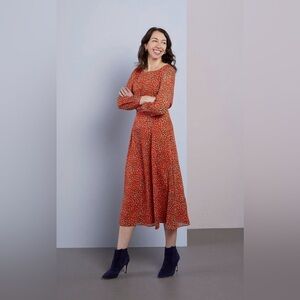 Boden Ingrid Orange Sunset Speckle Long Sleeve Flowy Crew Neck Midi Dress Size 4